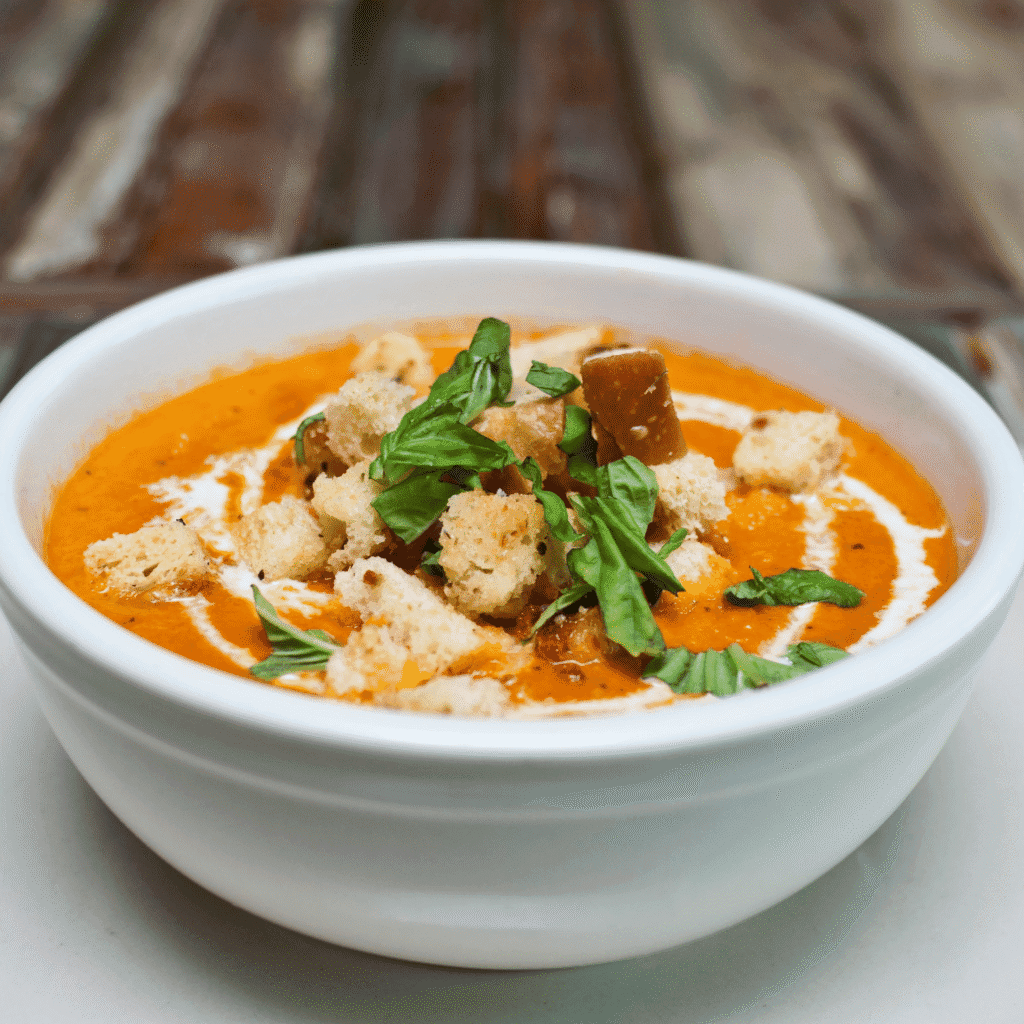 creamy tomato soup with croutons