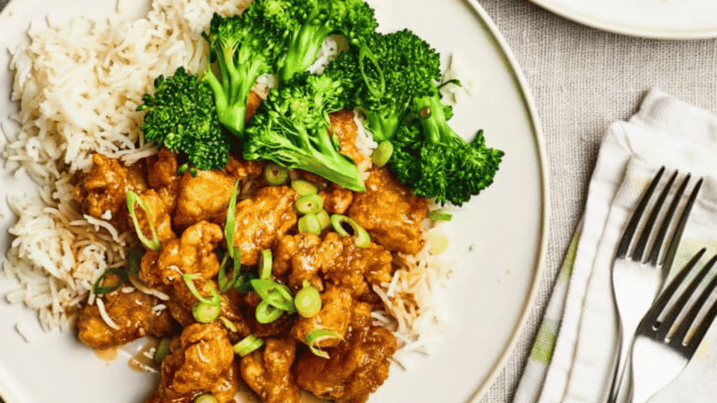 orange chicken and greens